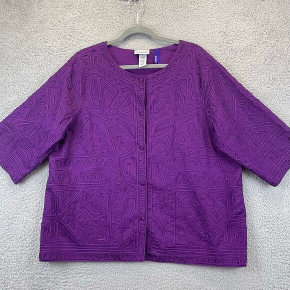 Catherines Maggie Barnes Jacket 14P 16P Artsy Aztec 3/4 Sleeve Lined Purple - Picture 1 of 11